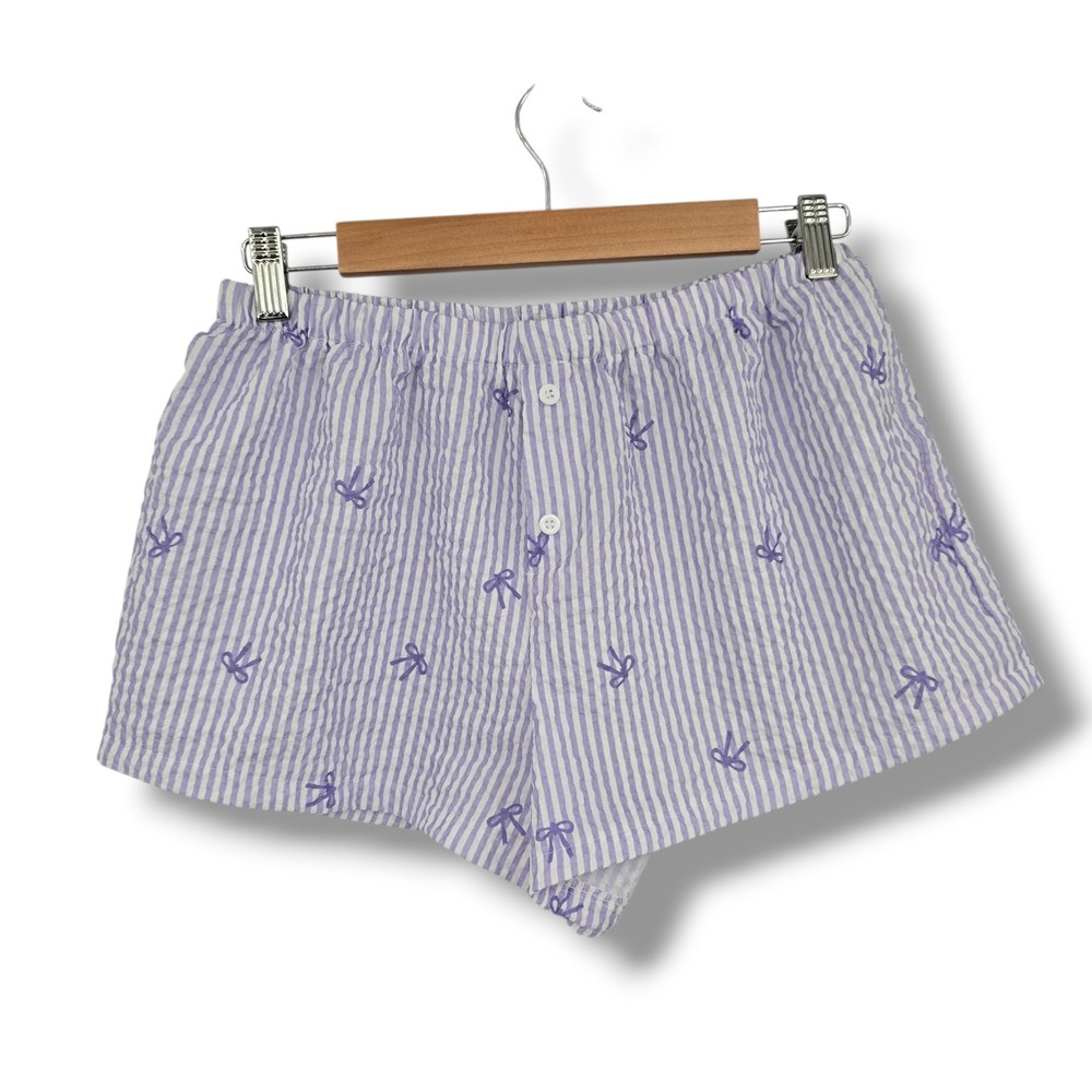 SHEIN Purple White Striped Seersucker Bow Boxer Pajama Shorts Womens‎ Size M